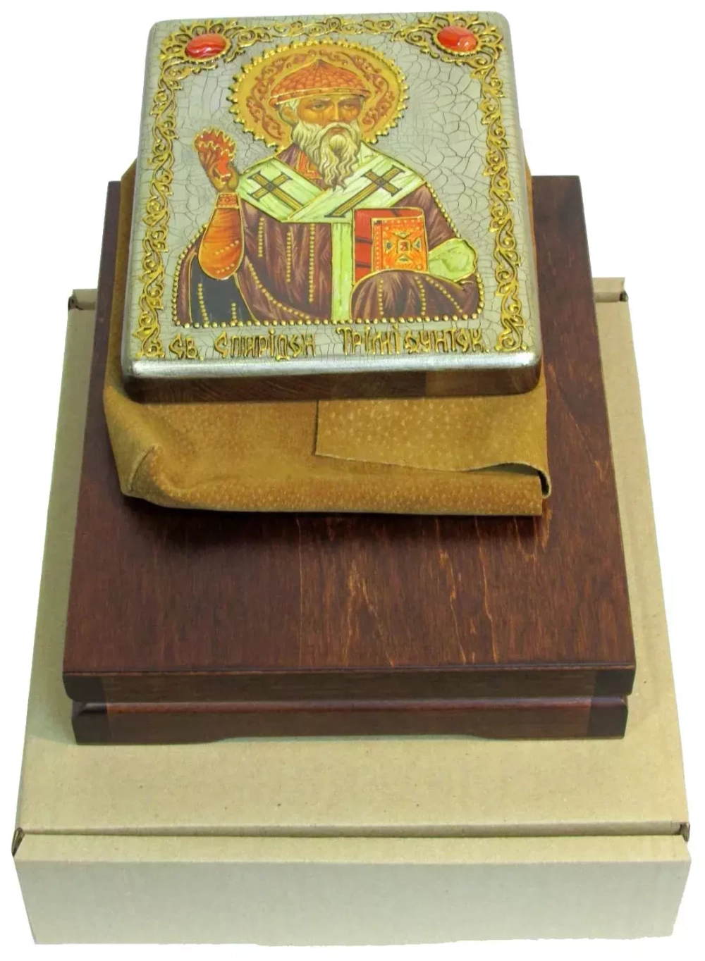 Инкрустированная икона Святитель Спиридон Тримифунтский 20х15см на натуральном дереве в подарочной коробке