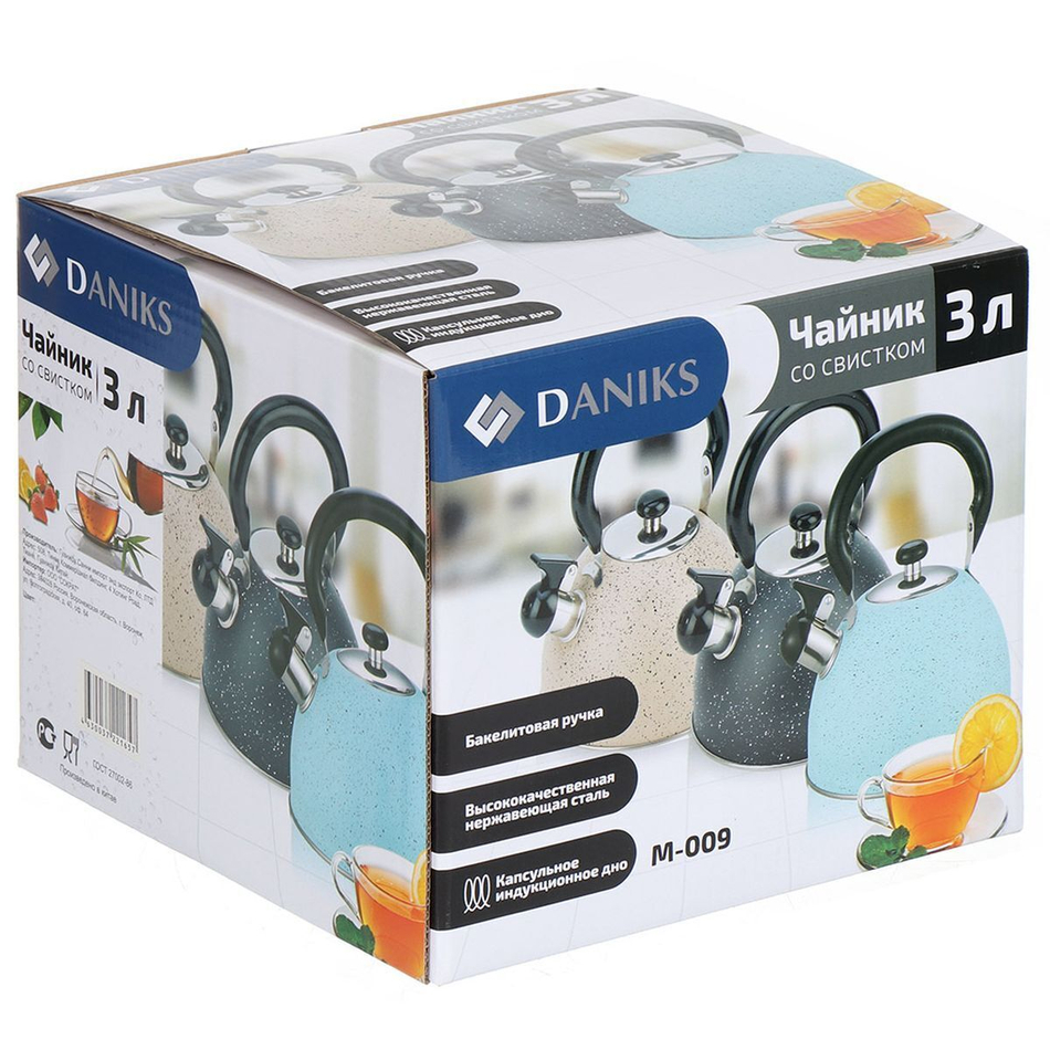 Чайник нерж, 3 л, свист, ручк бакелит, Daniks, беж мрамор, M-009W