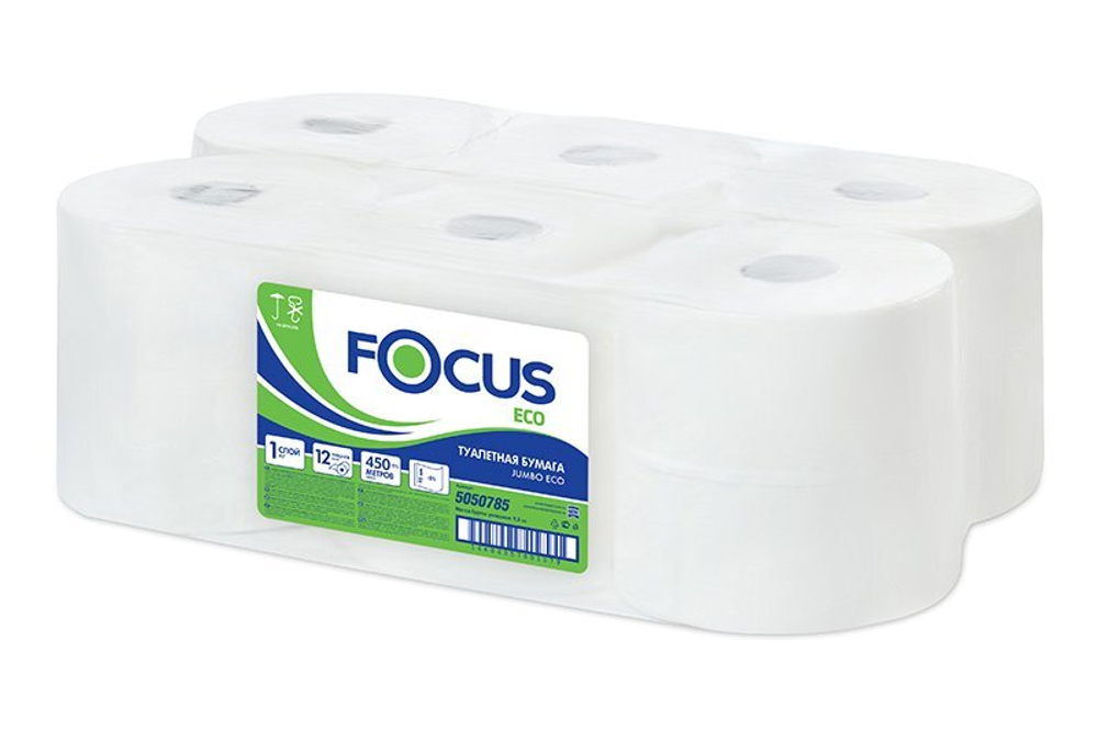 Туалетная бумага Focus Jumbo Eco, 1-слойная, белая, 450 метров, 12 штук