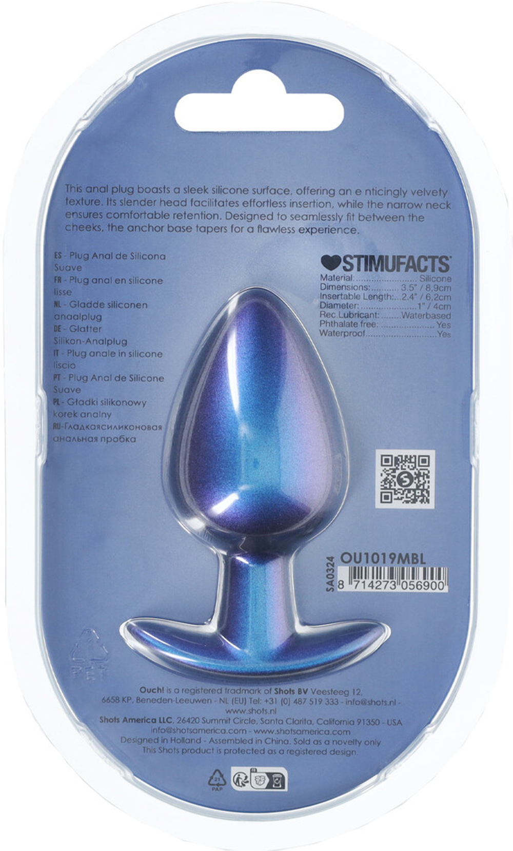 Shots Media Metallic Blu L - Анальная пробка из силикона