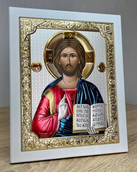 Спаситель, икона прямоугольная с рамкой, белое дерево, эмаль 185х235