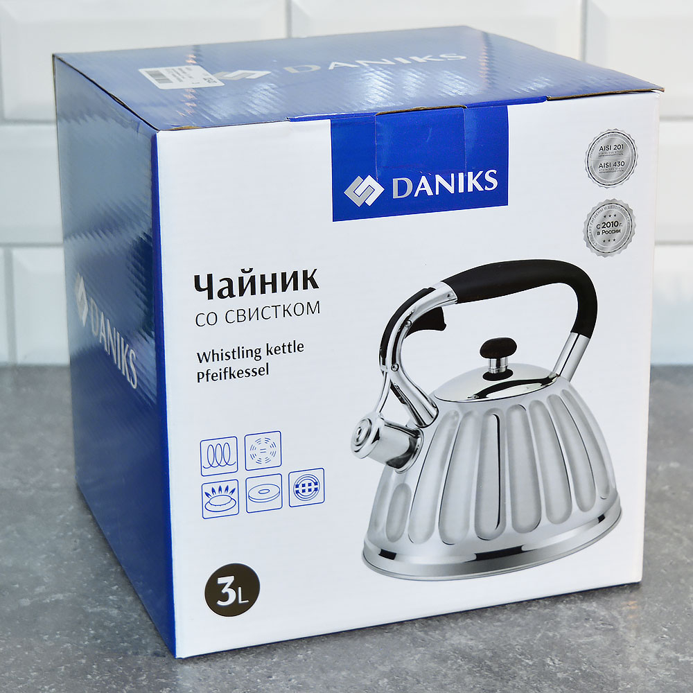 Чайник 3л нерж со свистком, сатинированный, ручка бакелитовая, индукция, "Daniks" GS-04611