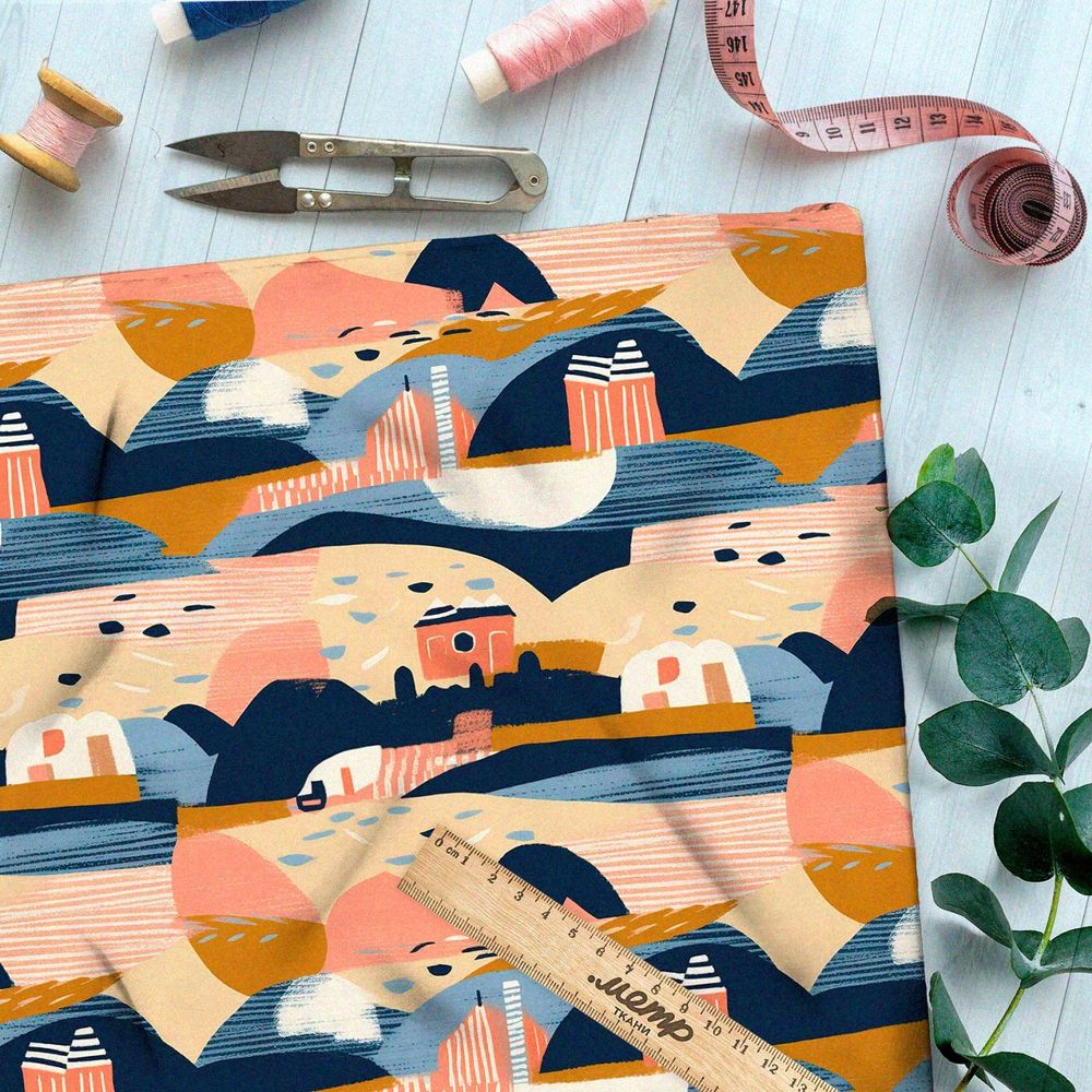 Ткань премиум сатин городской коллаж