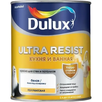 DULUX ULTRA RESIST КУХНЯ И ВАННАЯ краска с защитой от плесени и грибка, полумат, база BW (1 л)_NEW