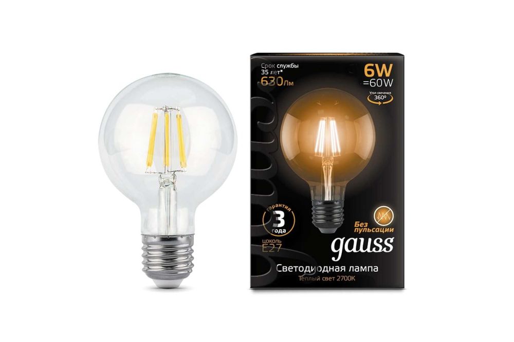 Лампа LED G95 E27 6W 2700K Gauss Filament 105802106