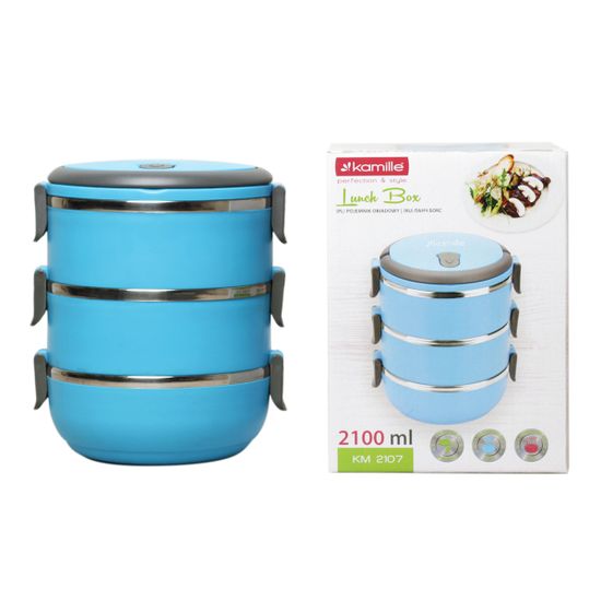 Ланч бокс тройной 2100 мл. круглый Kamille KM-2107 (пластик, нержавеющая сталь)