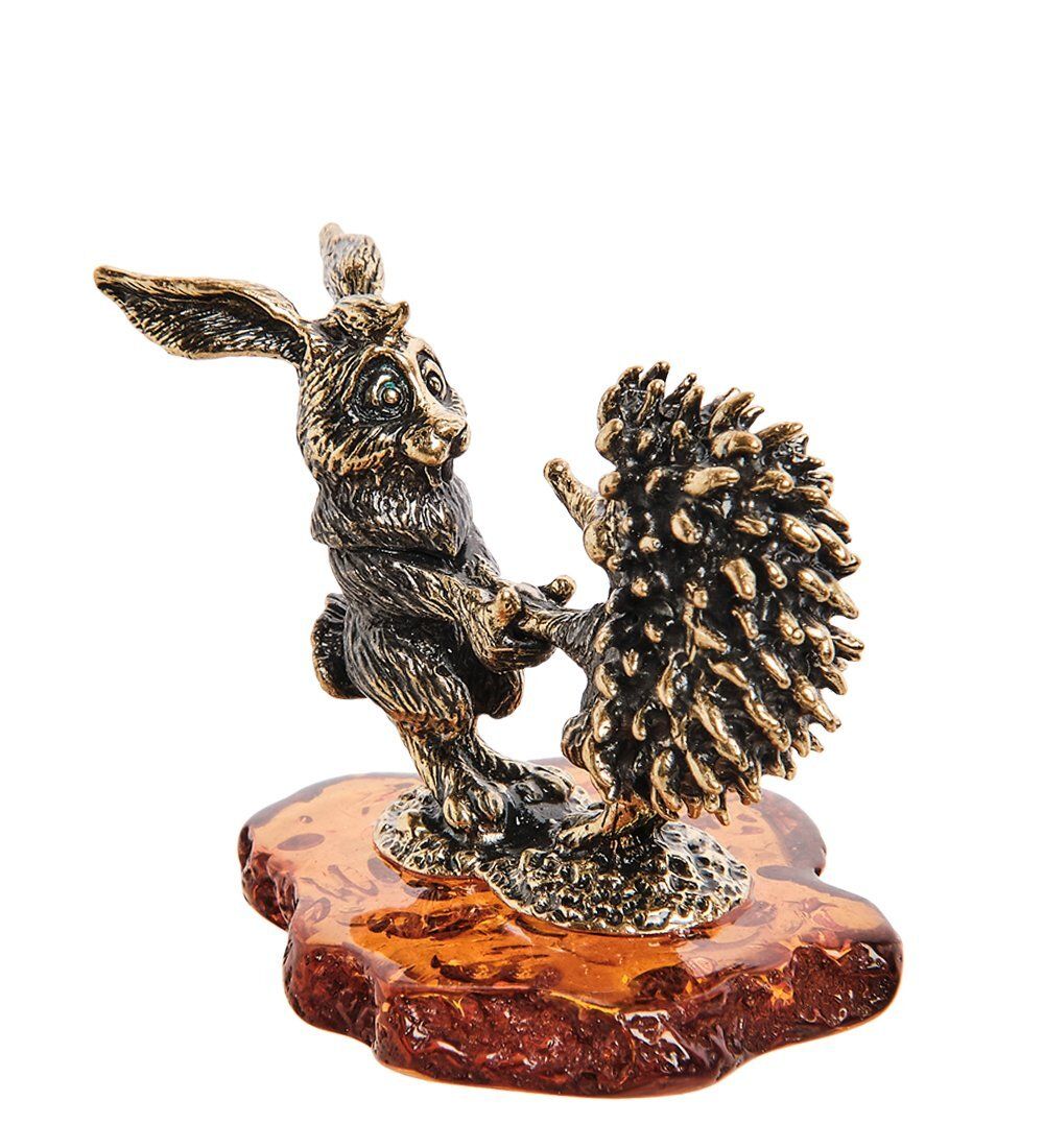 AM-2751 Фигурка «Заяц с ежиком друзья» (латунь, янтарь)