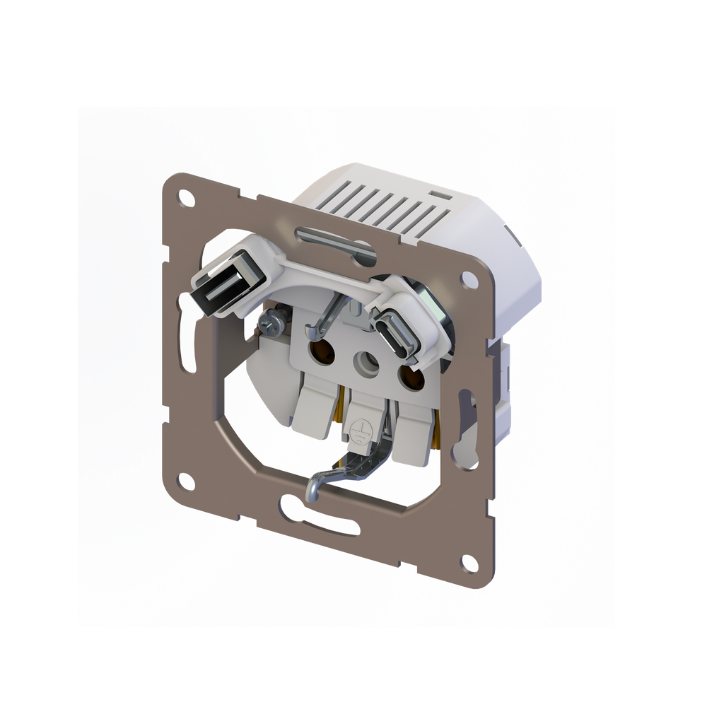 Механизм розетки Schuko 16А 250 В~ с зарядным устройством USB A+C, 5V/4A, мощность 20W, серия DA
