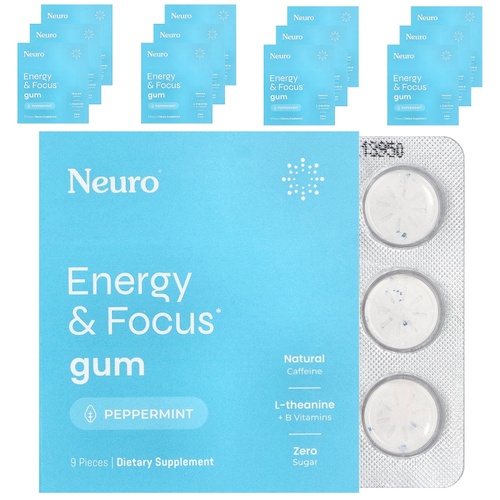 NeuroGum, жевательная резинка для энергии и концентрации, со вкусом перечной мяты, 12 упаковок по 9 шт.