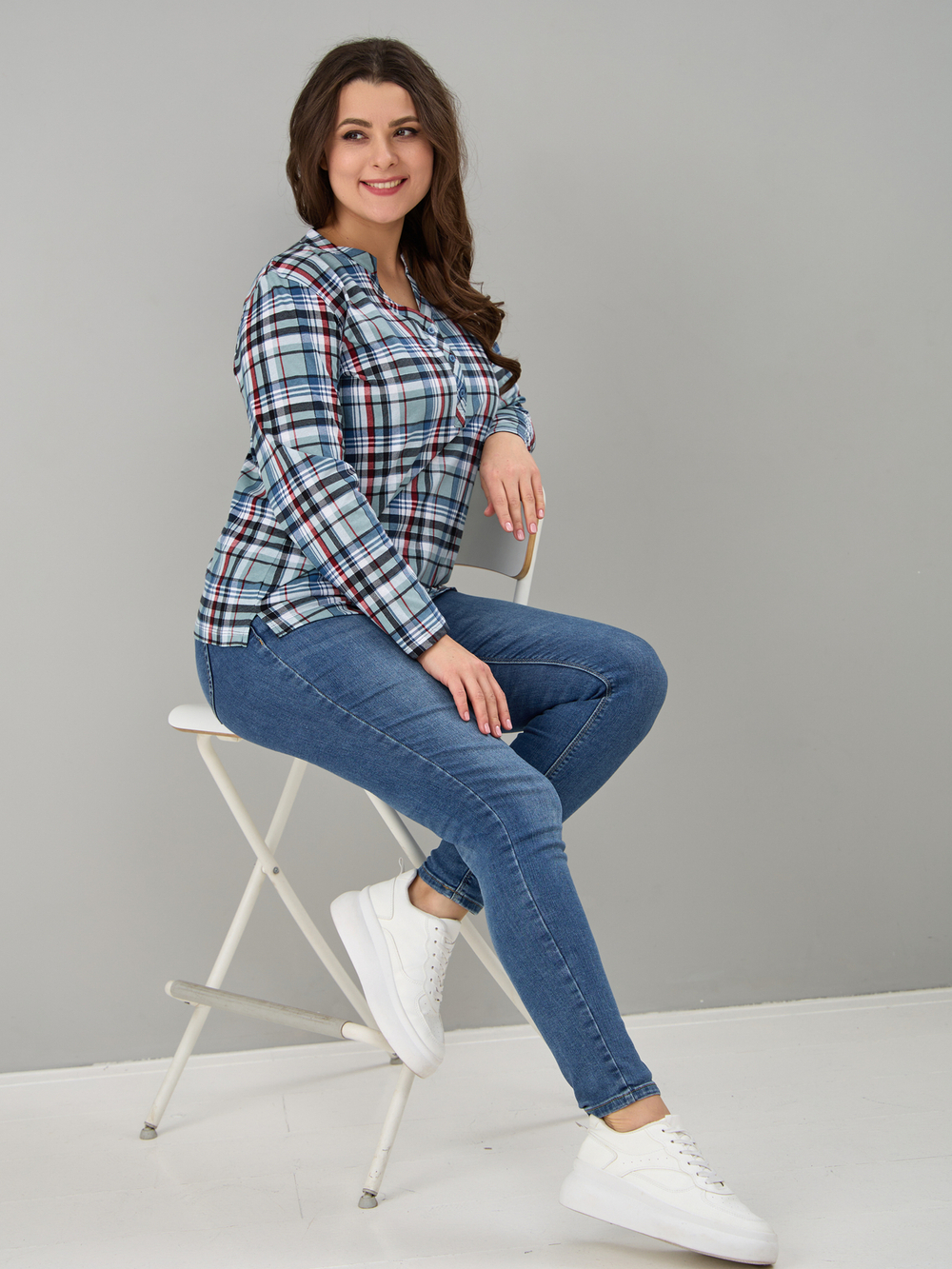 Блузка БЛ-22/клеткасерый-индигокрасный