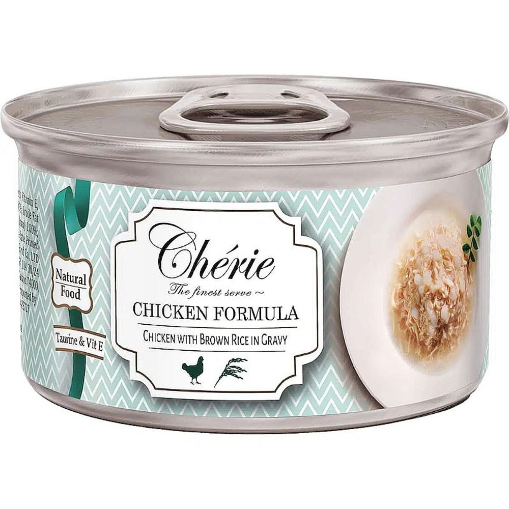 Влажный корм для кошек Pettric Cherie из рубленной курицы с бурым рисом в подливе, банка 80 г
