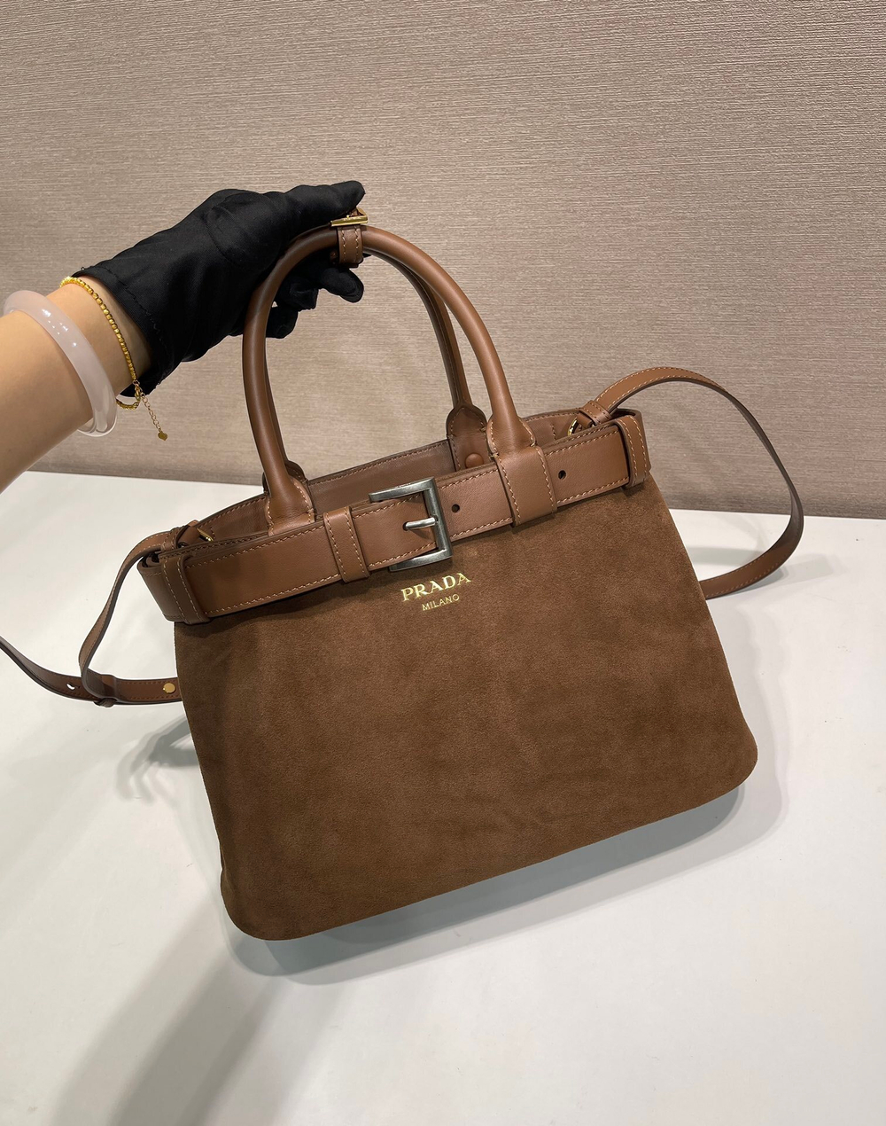 Prada Buckle Small Leather Handbag With Belt 32 cm