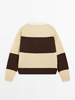 Massimo Dutti Свитер поло из смесовой шерсти в полоску, ванильный