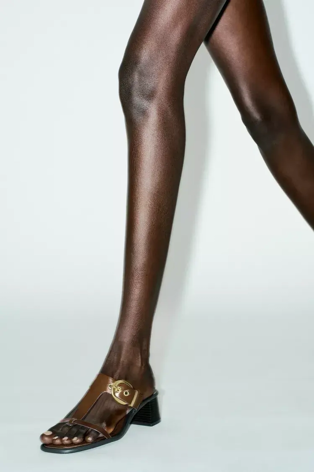 ZARA КОЖАНЫЕ БОСОНОЖКИ НА ШИРОКОМ КАБЛУКЕ, КОРИЧНЕВЫЙ