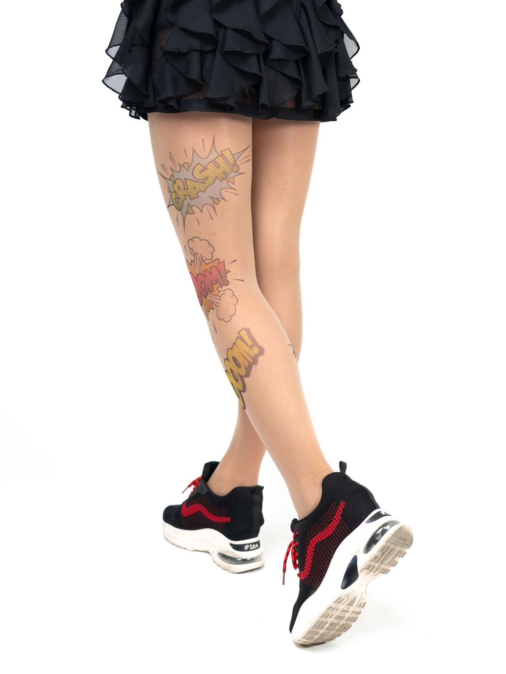 Колготки с принтом в виде цветных спич-баббл на левой ножке (Размер: S-M-L) (Цвет: бежевый)