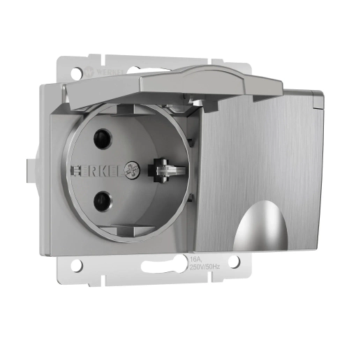 Розетка двойная влагозащищенная с заземлением с крышками и шторками (серебряный рифленый) W1172209