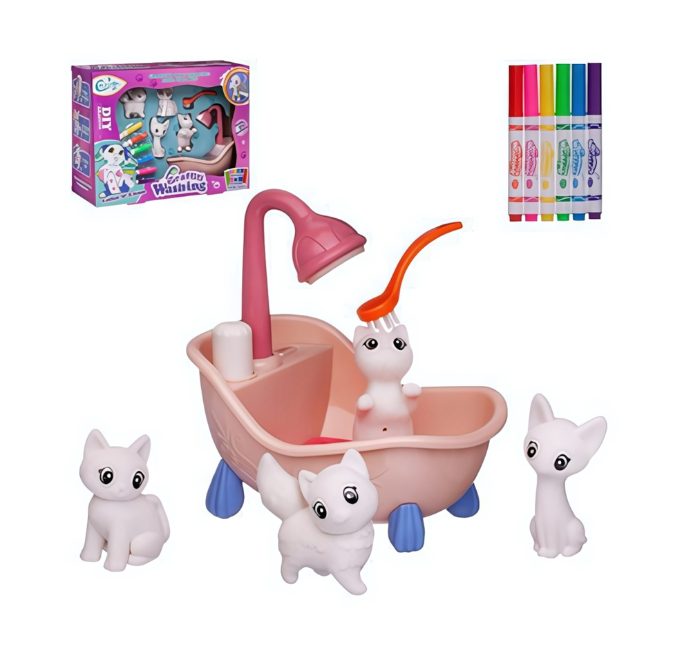 Набор д/творчества Фигурки для раскраски. Котята в ванне с душем (4 фигурки, 6 фломастеров, щетка, р
