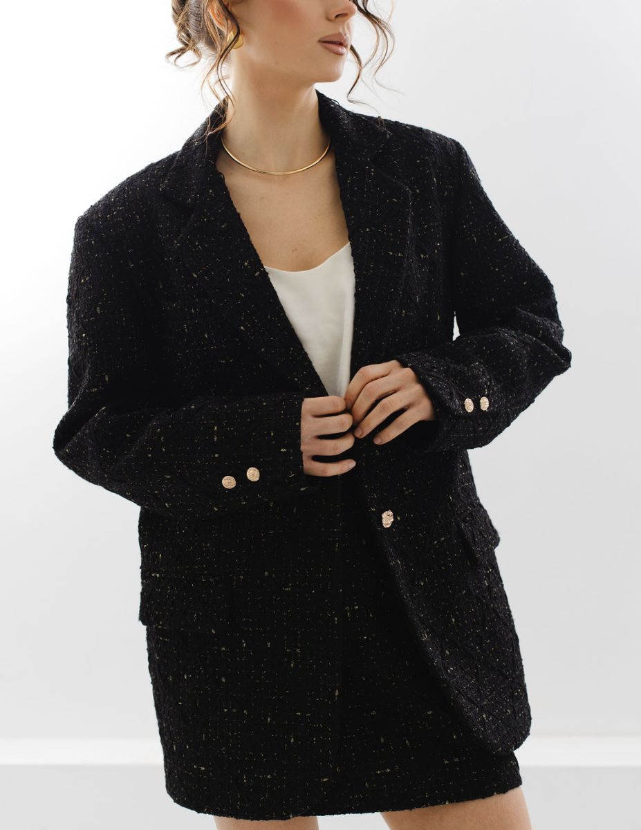 Жакет из твида однобортный черный с золотыми нитями