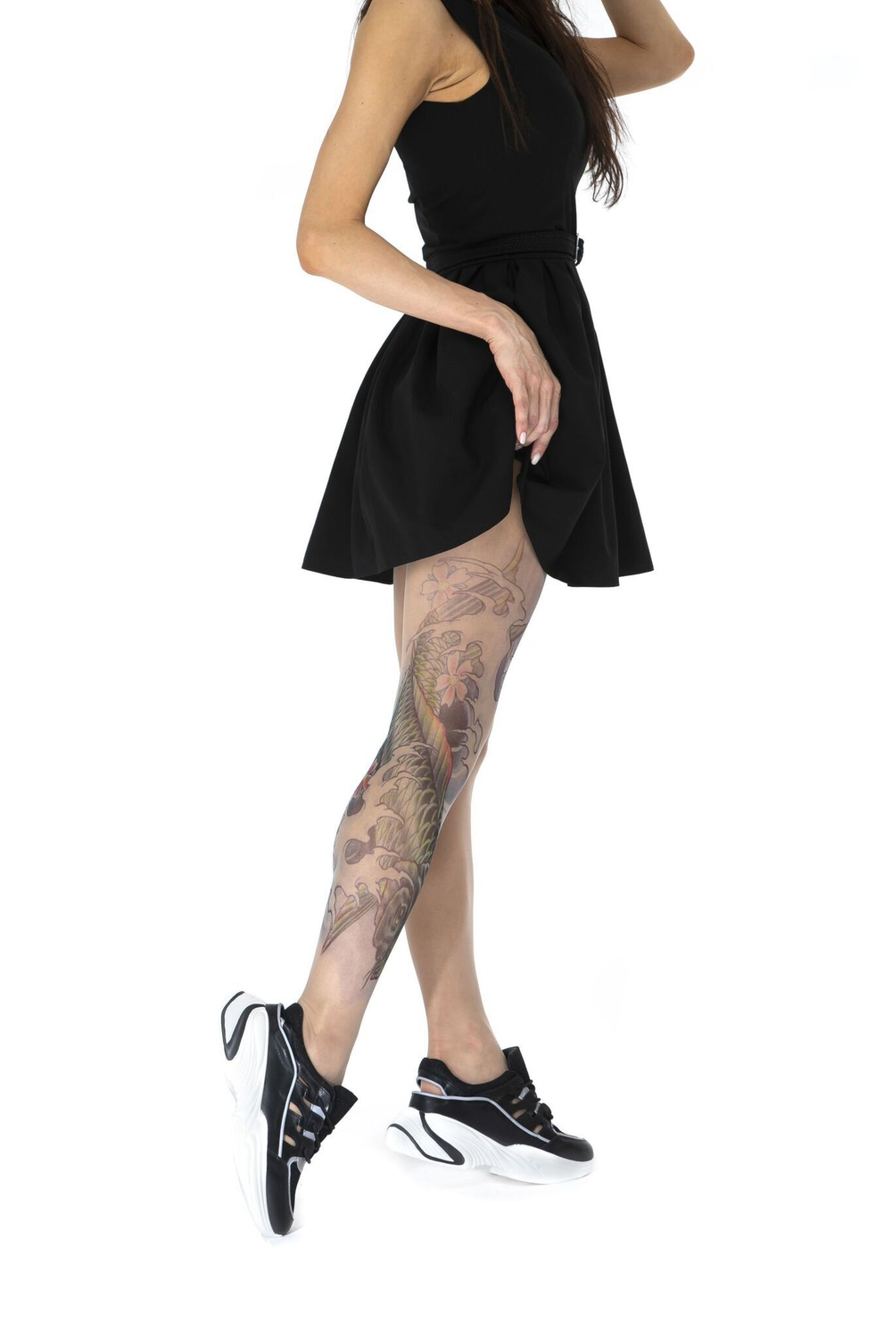 Колготки с принтом в виде черно-зеленого карпа кои на правой ножке (Размер: S-M-L) (Цвет: бежевый)