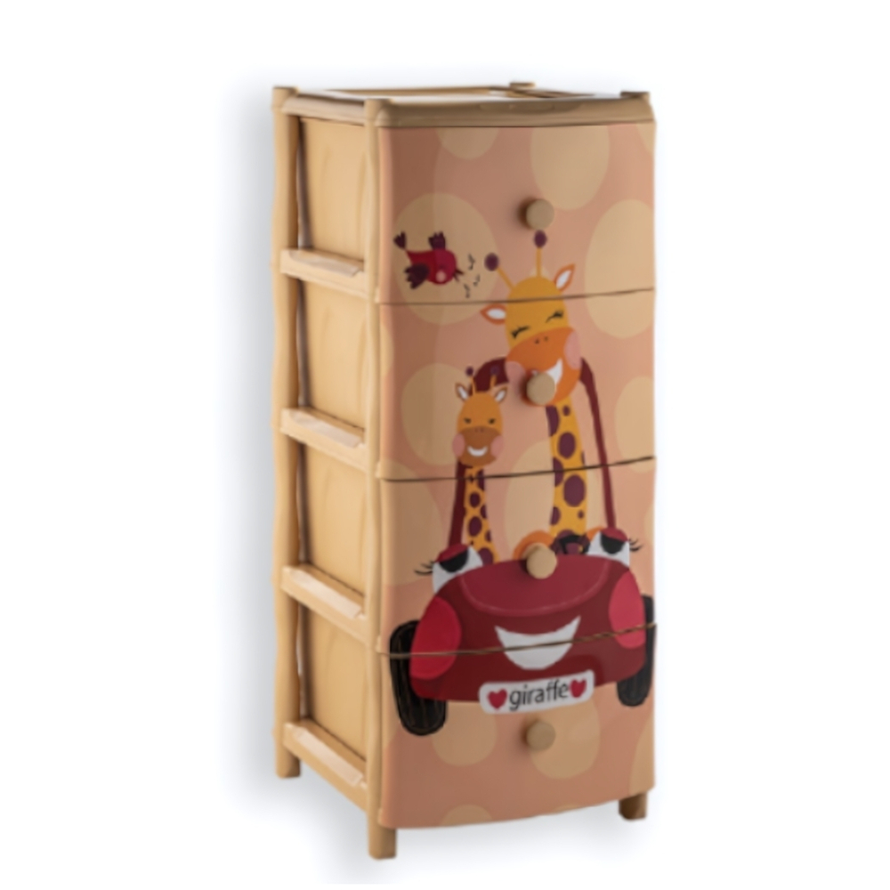 Комод "Элластик" 4 ящика с рисунком на фасаде "Жираф на машине", ножки на колесиках