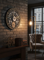 Интерьерная сцена с лампой и креслом; на тёмной кирпичной стене размещены часы WOODandROOT «Башня Волшебника» с двойным циферблатом.