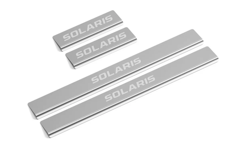 Накладки на пороги AutoMax для Hyundai Solaris II 2017-2020 2020-н.в., нерж. сталь, с надписью, 4 шт., AMHYSOL01