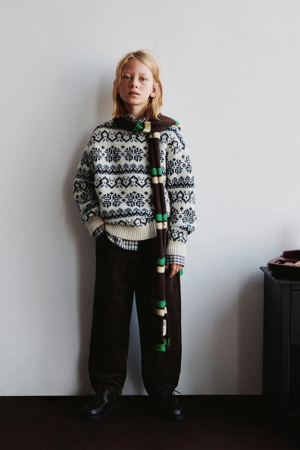 ZARA СВИТЕР С УЗОРОМ ИЗ ШЕРСТИ, ЭКРЮ/ТЕМНО-СИНИЙ