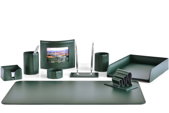 Настольный набор 9 предметов из кожи цвет зеленый