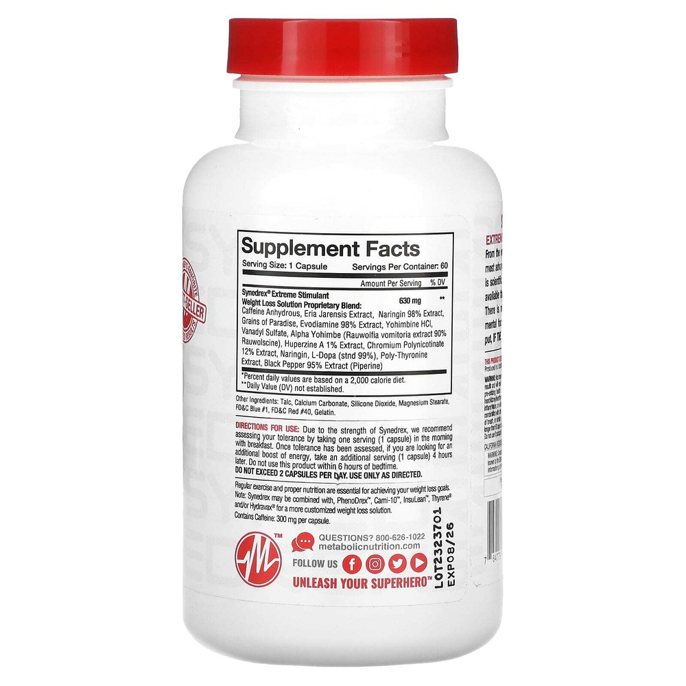 Metabolic Nutrition, Synedrex, экстремальный стимулятор для снижения веса, повышенная сила действия, 60 капсул