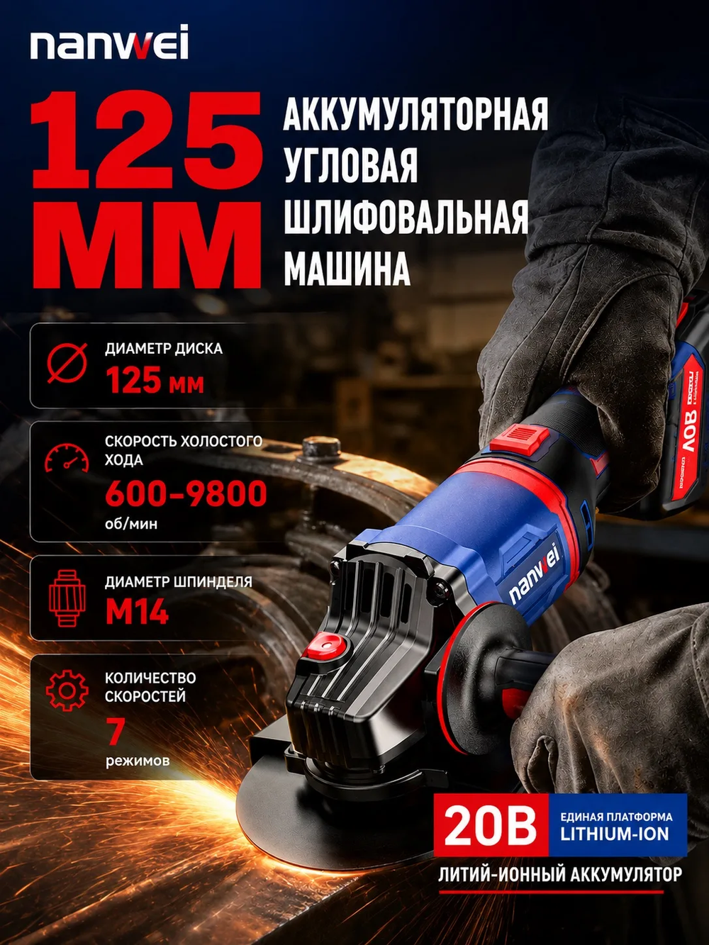 УШМ аккумуляторная (болгарка) NANWEI NW-A8162, 20 В, 2×6 Ач, в кейсе