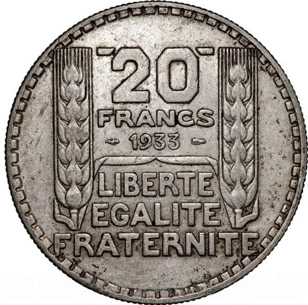 France, 20 Francs 1933 – "Turin" (Short Branches Variant), AU
