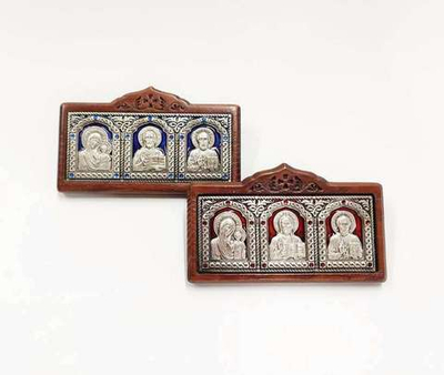 Автоикона тройная А45-3 "Пресвятая Богородица, Господь Вседержитель, свт. Николай Чудотворец" (дерево, медь, стразы)