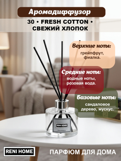 Ароматический диффузор RENI HOME 30 FRESH COTTON/ Свежий хлопок (аромат для дома), 100мл.