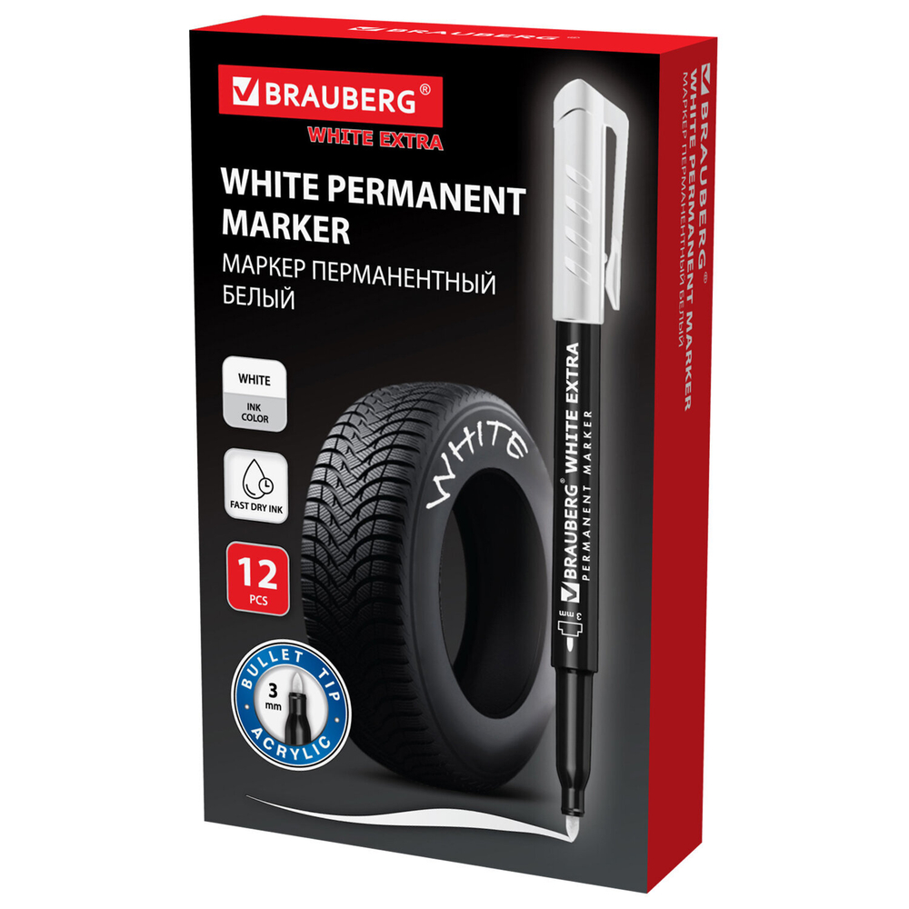 Маркер перманентный BRAUBERG WHITE EXTRA, БЕЛЫЙ, круглый наконечник 3 мм, 152488