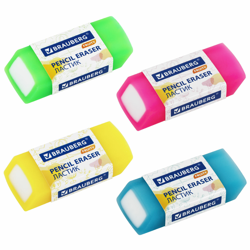 Ластики полупрозрачные BRAUBERG FRUITY НАБОР 4 штуки, ( 2 упаковки), размер ластика 54×23×10 мм, упаковка блистер.