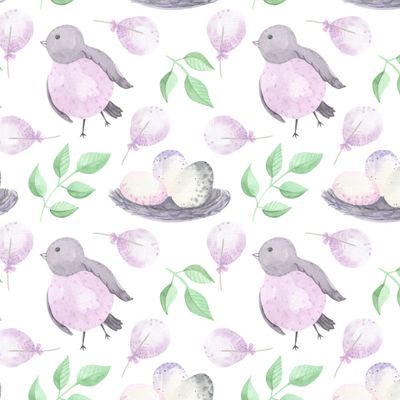 Весенний принт. Пасхальный принт. Сад, птички, яйца, гнездо, природа, зелень, цветы и растительность.