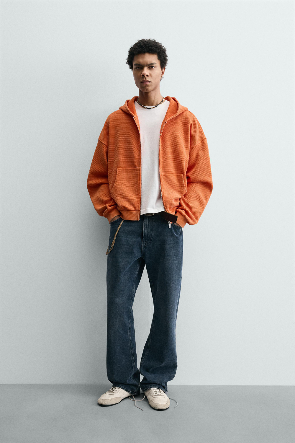 ZARA ХУДИ ИЗ ВАФЕЛЬНОЙ ТКАНИ С ЭФФЕКТОМ ПОТЕРТОСТИ, ОРАНЖЕВЫЙ МЕЛАНЖ