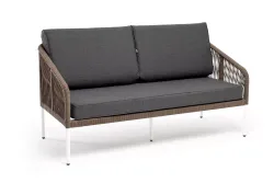 "Канны" диван 2-местный плетеный из роупа, каркас алюминий белый, роуп коричневый круглый, ткань серая