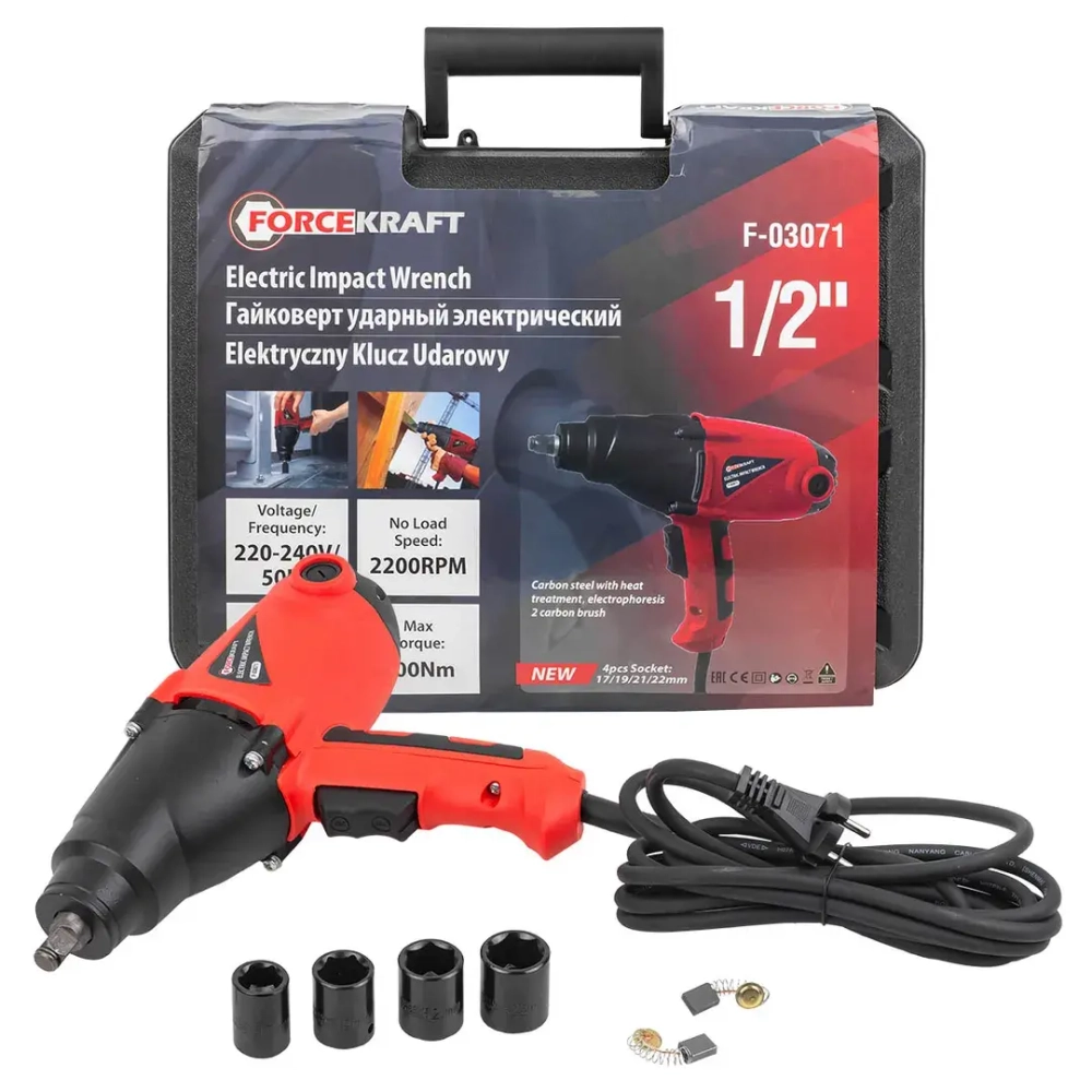 Гайковерт ударный электрический 1/2''(220-240V, 1010W, 500Нм) с комплектом головок (17, 19, 21, 22мм) FORCEKRAFT FK-F-03071