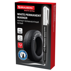 Маркер перманентный BRAUBERG WHITE EXTRA, БЕЛЫЙ, круглый наконечник 3 мм, 152488