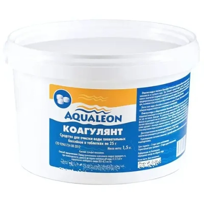 Средство для осветления воды в бассейнах Aqualeon KO1.5T в таблетках по 25 гр (банка, 1,5 кг)