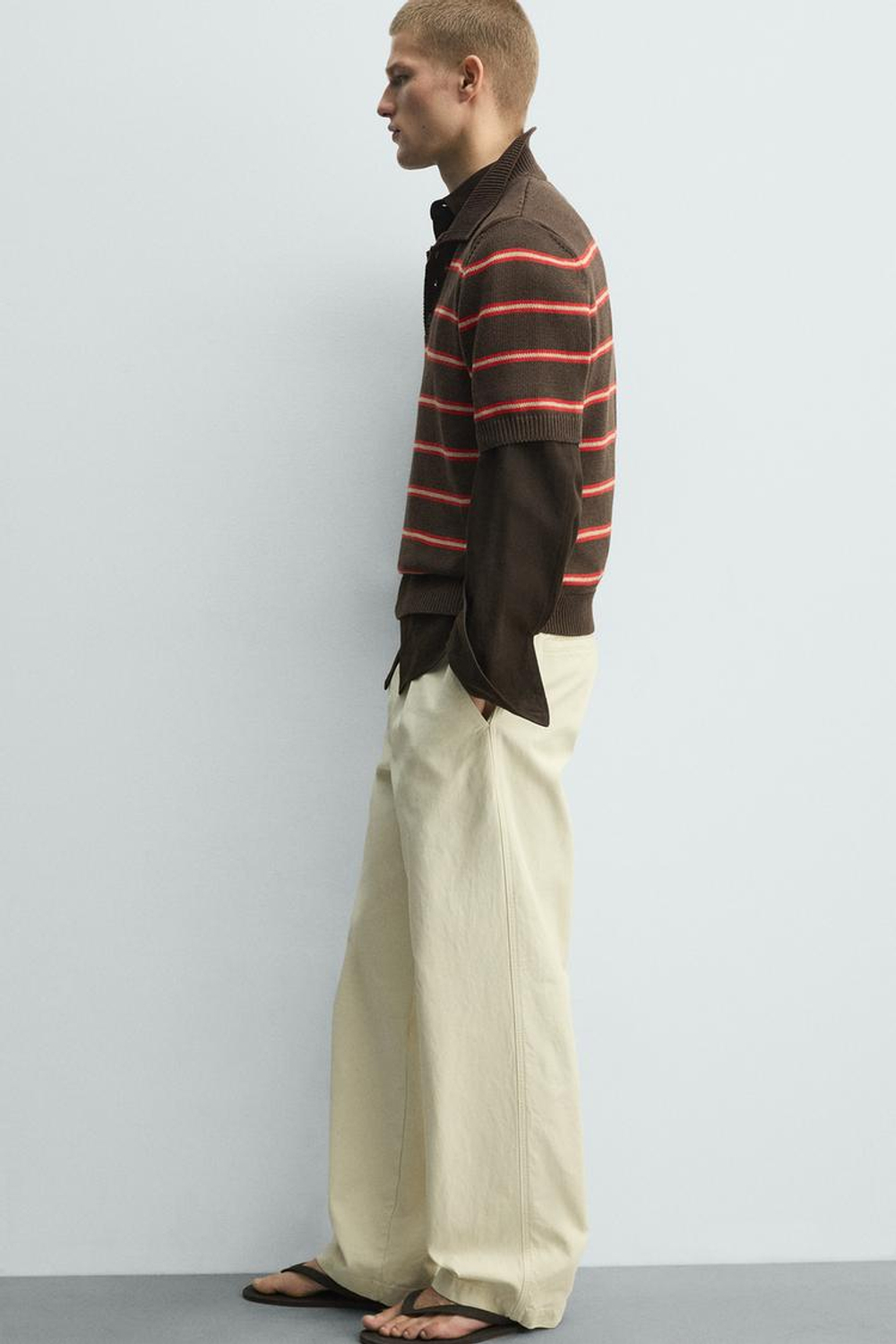 ZARA ТРИКОТАЖНОЕ ЖАККАРДОВОЕ ПОЛО В ПОЛОСКУ, КОРИЧНЕВЫЙ