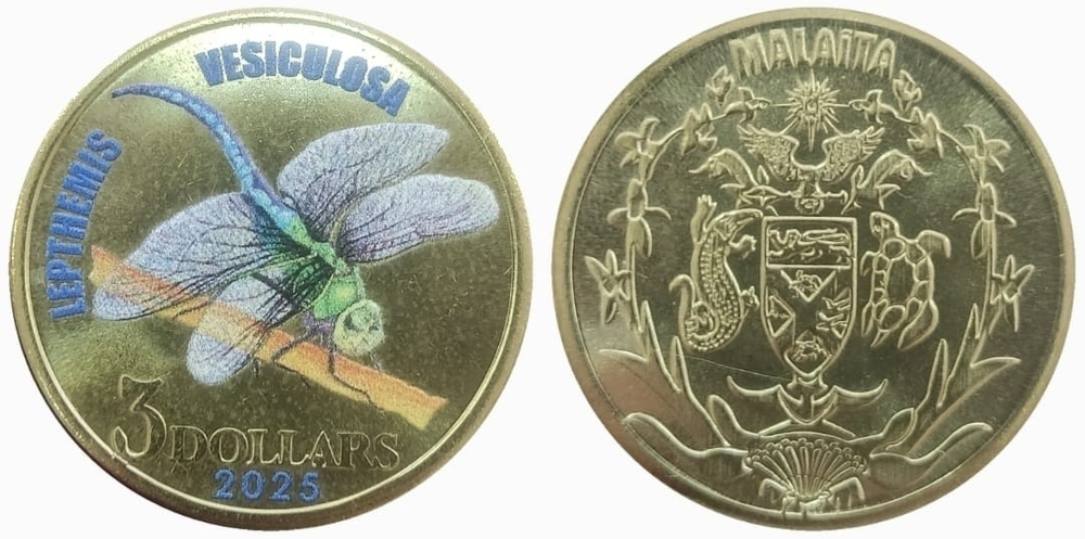Остров Малаита 3 доллара 2024 Стрекоза. Цветная