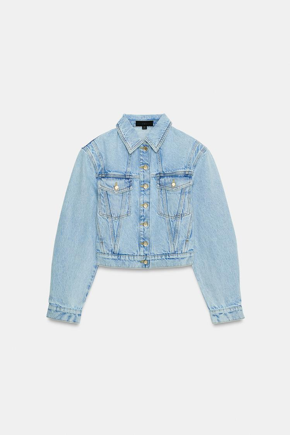 ZARA УКОРОЧЕННАЯ ДЖИНСОВАЯ КУРТКА Z1975 С ПОДПЛЕЧНИКАМИ, ВЫЦВЕТШИЙ СИНИЙ