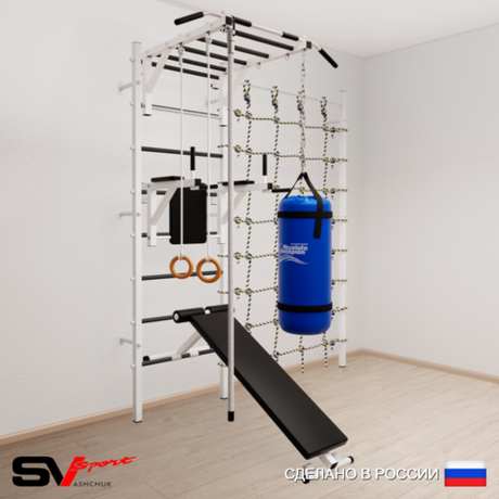 Шведская стенка Sv Sport усиленная 65430 (Турник рукоход/Брусья/Скамья/Канат/Кольца/Цепь/Мешок 30кг/Канатный лаз)