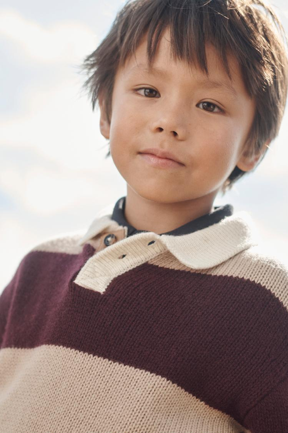 ZARA ВЯЗАНЫЙ СВИТЕР-ПОЛО, БОРДОВЫЙ/ЭКРЮ