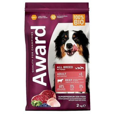Сухой корм для собак всех пород AWARD с говядиной и курицей с добавлением брокколи и черники, Пакет 2 кг