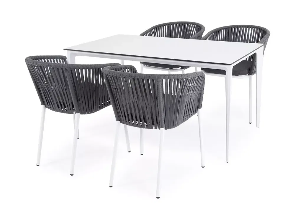 "Малага" обеденная группа на 4 персоны со стульями "Бордо", каркас белый, роуп серый