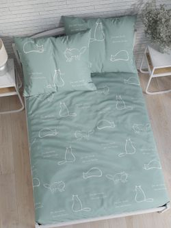 Постельное белье перкаль Сказка "Котики (мята)" семейное Наволочка 50х70 см 2 шт Простынь на резинке 160x200 см Пододеяльник 145x215 см 2шт