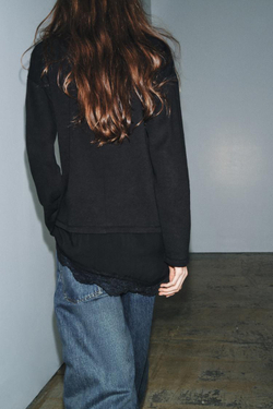 ZARA КОМБИНИРОВАННАЯ ФУТБОЛКА С КРУЖЕВОМ, ЧЕРНЫЙ